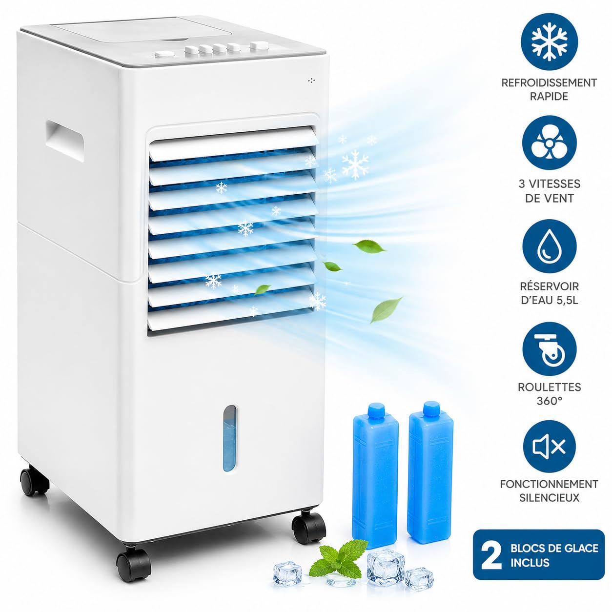 Przenośna chłodnica powietrza 5 l, mobilny klimatyzator wyparny, 65 W, wentylator z oscylacją, 3 prędkości, filtr zmywalny, 2 bloki chłodzące, cichy