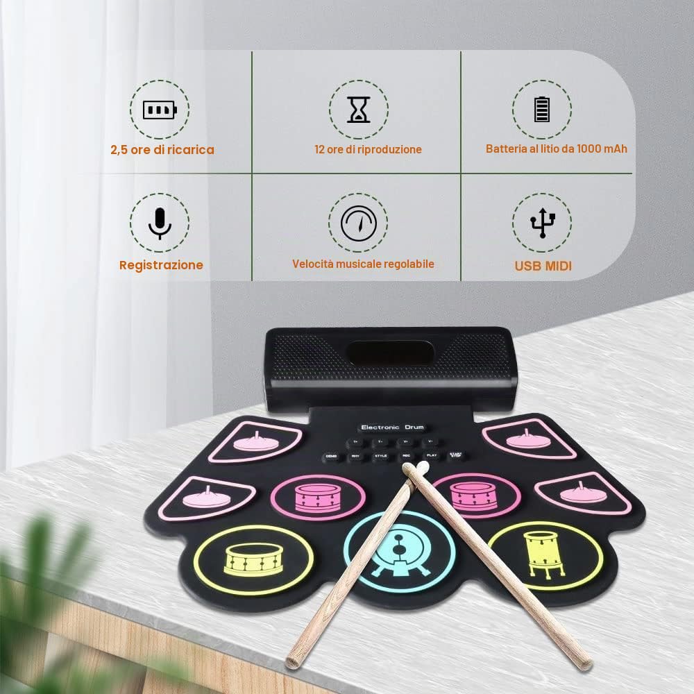 Coolmusic Batteria Elettronica, 9 Drum Pads Portatile Tavolo Pieghevole con Bacchette Pedali