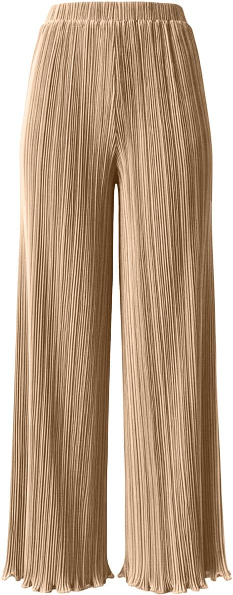 Satin Silk Pants for Women Casual Flowy Palazzo Wide Leg Pleated