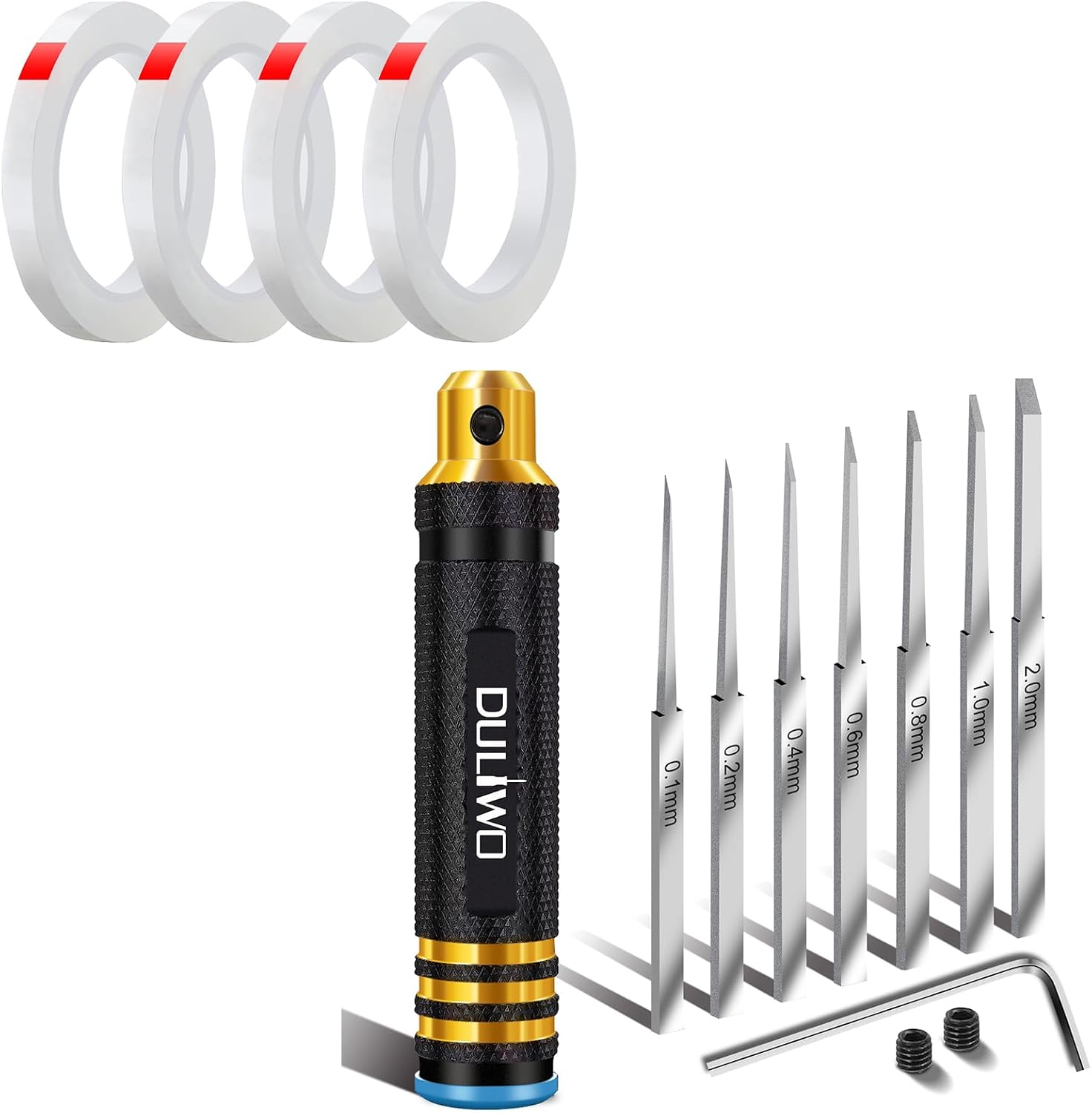 Model tool chisel with 7 blades (0.1/0.2/0.4/0.6/0.8/1.0/2.0 mm) and marking tape 6mm × 20m (4 rolls)(black)