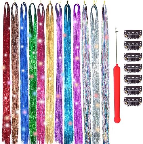 AlyBoto Hair Tinsel Heat Resistant 12 Colors 3000 Strands Fairy Hair Tinsel Kit Glitter Tinsel Hair Extensions 48 Inch Sparkle Hair Tinsel Kit For Girls (12color/3000strands-Pack)
