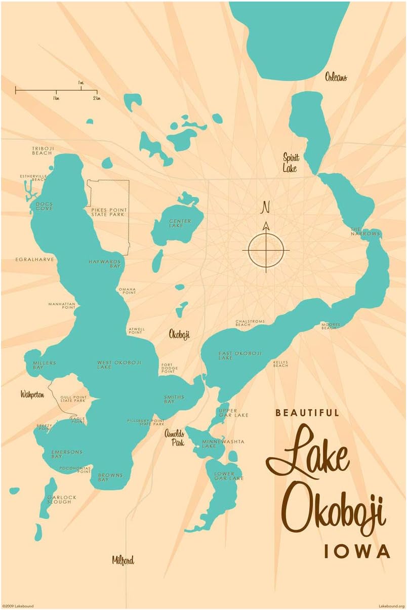 Amazon Com Lake Okoboji Iowa Map Giclee Art Print Poster By Lakebound 24 X 36 Posters Prints Map Of Lake Okoboji Iowa