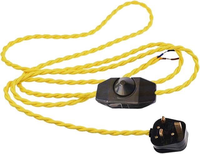 1.8 Meter Length Cord w/Plug Attached and in Line Dimmer Switch, Yellow Wire Cordset, Art Deco Re-Wire Kit, Lamp Electrical Cord