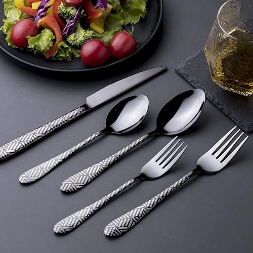 Miniatura 6 de Juego de cubiertos negros mate, juego de cubiertos forjados de 20 piezas de acero inoxidable para 4, vajilla de pulido de espejo apto para
