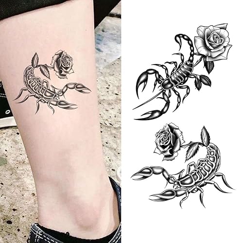 Juego de 2 calcomanías de tatuaje temporales pequeñas  Diseño de rosas de flores de escorpión negro aterrador para Halloween, cuello, cara, muñeca,