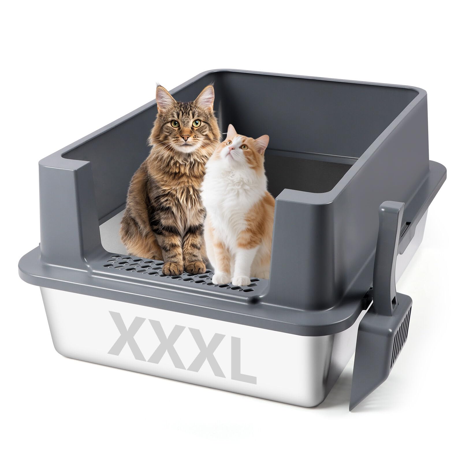 Katzenklo aus Edelstahl, XXXL Katzentoilette Metall mit hohem Rand und Schaufel, auslaufsicher, leicht zu reinigen, für große und mehrere Katzen (Dunkelgrau)