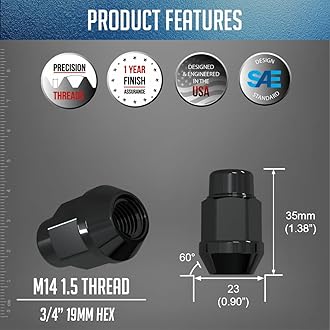 Wheel Accessories Parts 20 Pcs M14x1.5 14x1.5 Thread Bulge Acorn 1.4" Long Lug Nuts Black 3/4" 19mm Hex Fits Chevy Camaro Corvette ｜ Dodge Charger Challenger ｜ Ford Mustang ｜ Jeep Wrangler