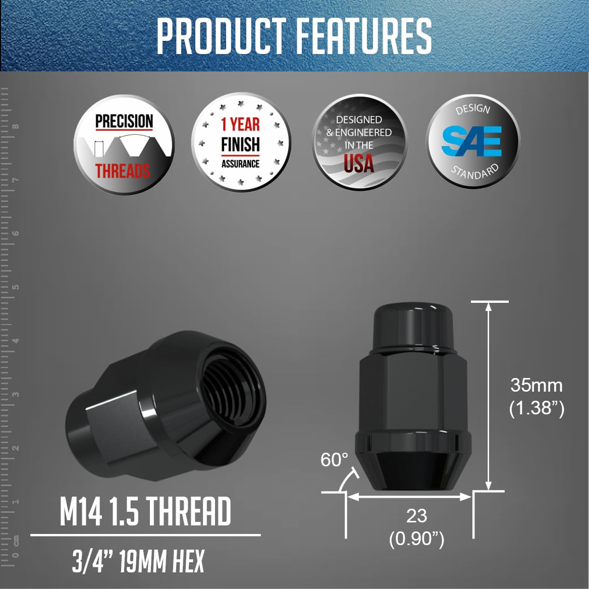 Wheel Accessories Parts 20 Pcs M14x1.5 14x1.5 Thread Bulge Acorn 1.4" Long Lug Nuts Black 3/4" 19mm Hex Fits Chevy Camaro Corvette | Dodge Charger Challenger | Ford Mustang | Jeep Wrangler