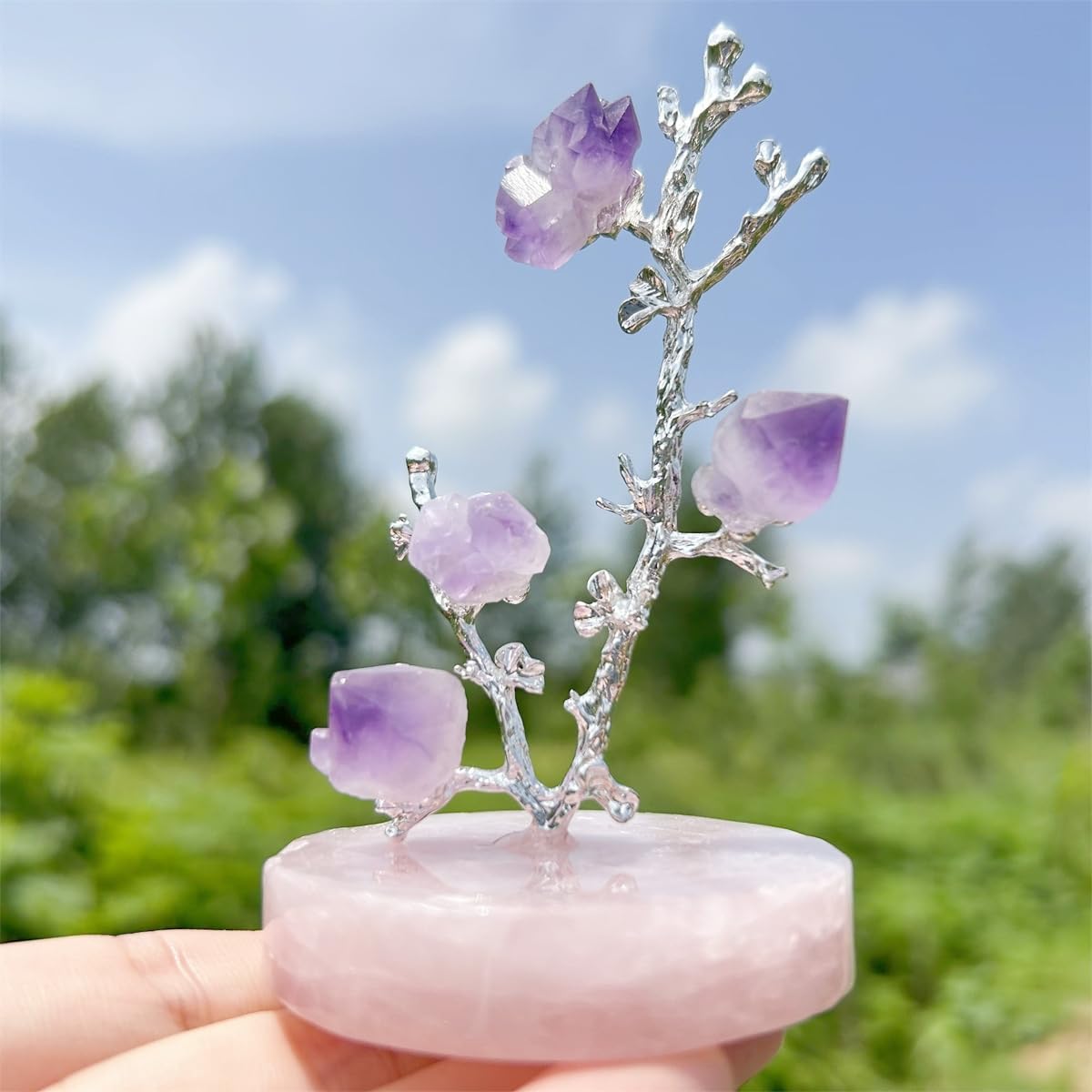 3.7" Feng Shui Natural Rose Pink Quartz Crystal Money Tree,Crystal Flower,Natural Amethyst Raw Stones,Bonsai Style Decoration for Wealth and Luck (Rose)