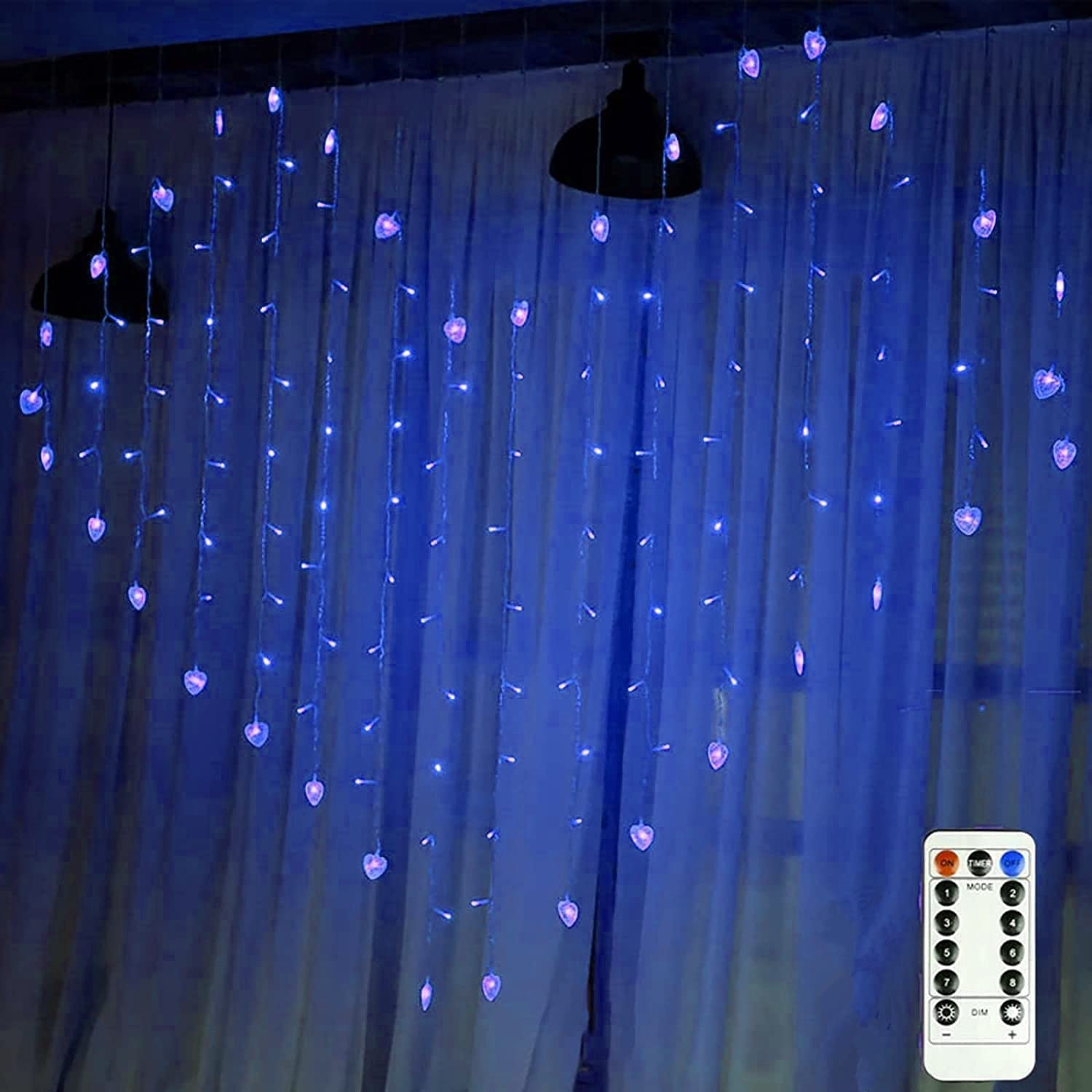 Luces de Cadena de Cortina, 124 LED, 2m x 1.5m Cortina Luces Luz de Cortina con Mando/ Bateria Cargada Impermeable Cortina Luces Navidad para Decoración Interior Bodas Fiestas (Azul)