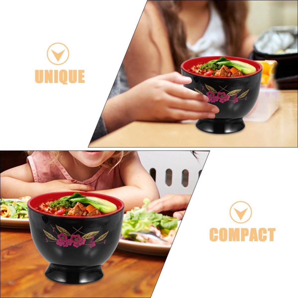 VICASKY Black Soup Bowl Plastic, Japanese Style with Lid and Spoon