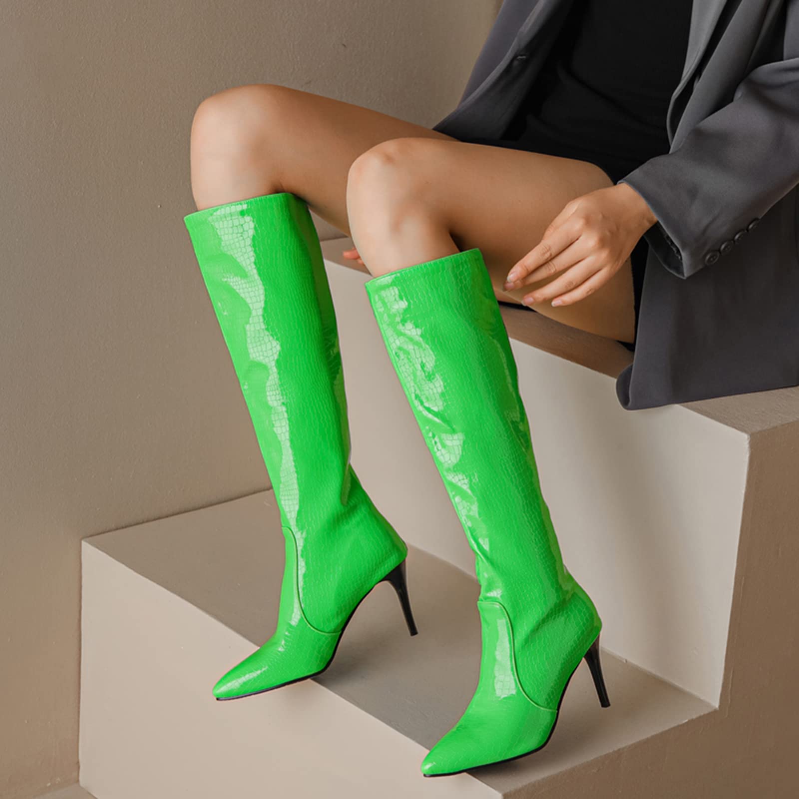 CUTEHEELS Damskie jednokolorowe buty na uda wysokie/nad kolanem ze szpilką i szpiczastym noskiem, zielony 3, 45 EU