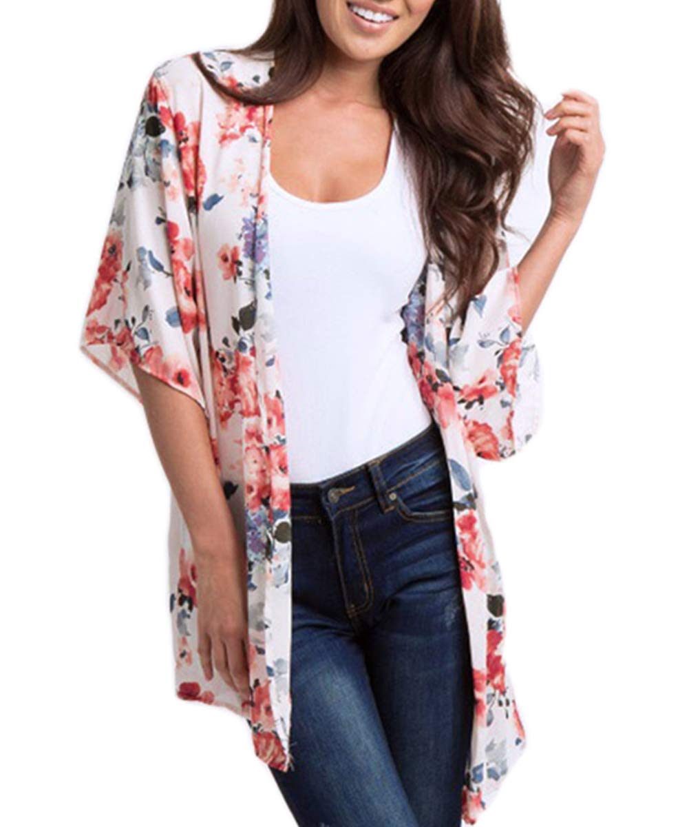 Womens Kimono Cardigan - Floral Chiffon Kimonos Cardigans Summer Beach Cover Up Loose Blouse Boho Kimono Tops