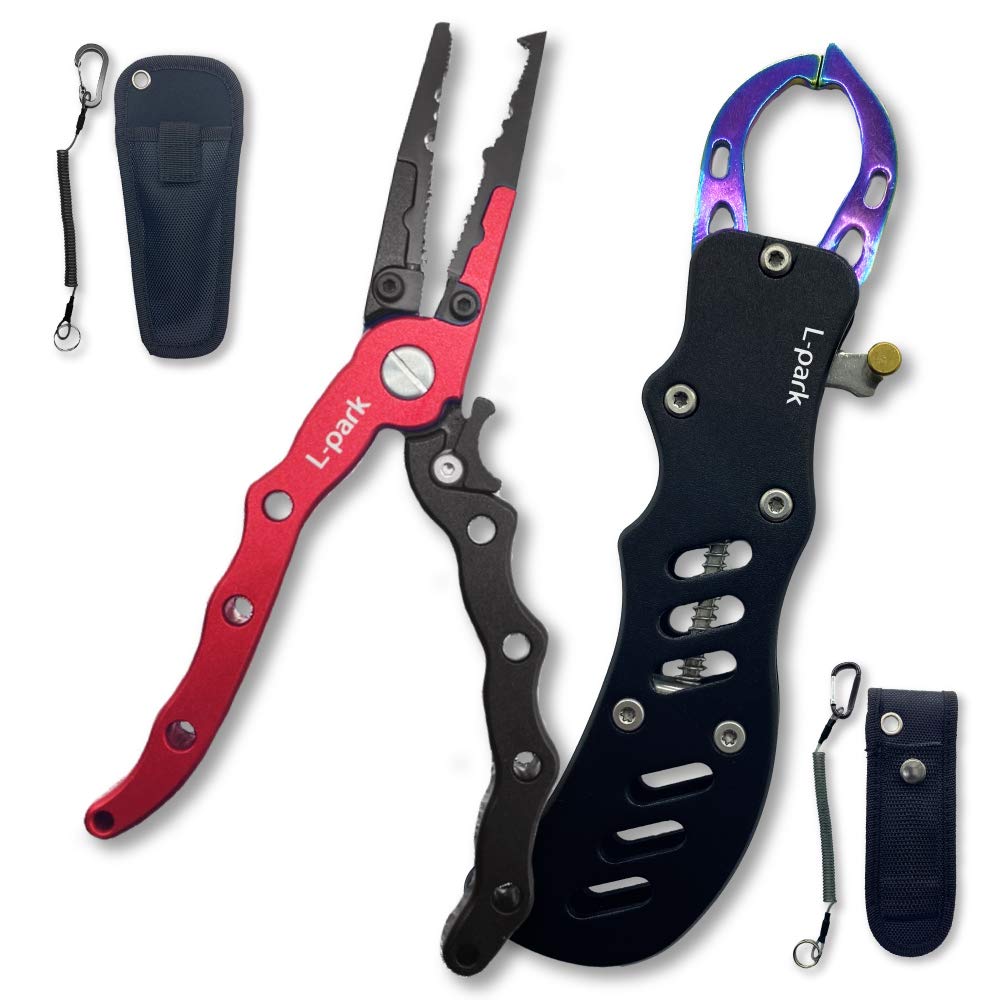 Fishing Tools Fish Grip Set Fishing Pliers [with Lock] Rust Resistant Lightweight Aluminum Fishing Gear 2-Piece Set (Red Black) [With Lock] Red Black