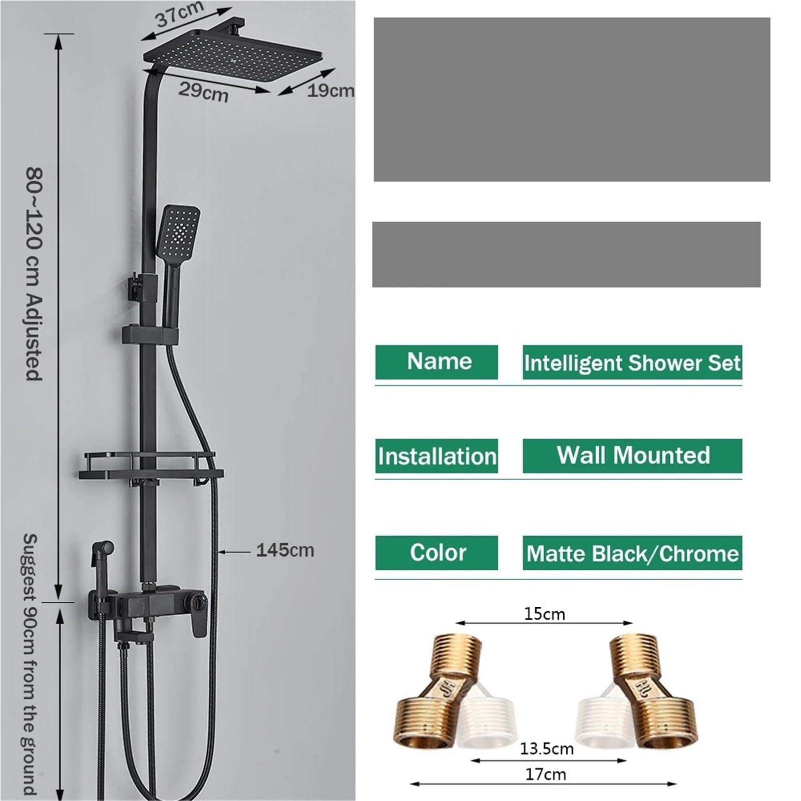 Czarny cyfrowy wyświetlacz termostatyczny kran prysznicowy, 4-drożny termostatyczny bateria łazienkowa z deszczownicą, półką i bateriami bidetowymi (chrom Thermostatic)