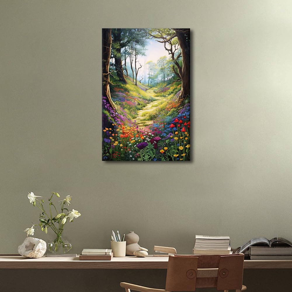 TISHIRON Forest Theme Wall Art Nature Landscape Flowers Canvas Wall Art Woodland Painting Colorful Flowers Picture Frames Collage Wall Decor 16" Wx24 Hx1 Panel - Image 3