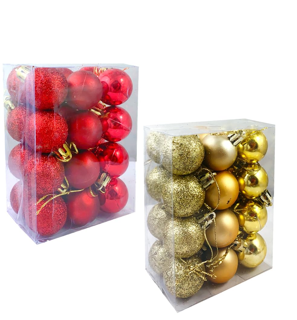 24 Pcs Red & Golden Or Silver Christmas Tree Decoration Balls | 3 cm Small Hanging Ornaments | Shatterproof Baubles for Xmas Tree, Home & Party Decor (12 Red + 12 Golden Or 12 Silver)