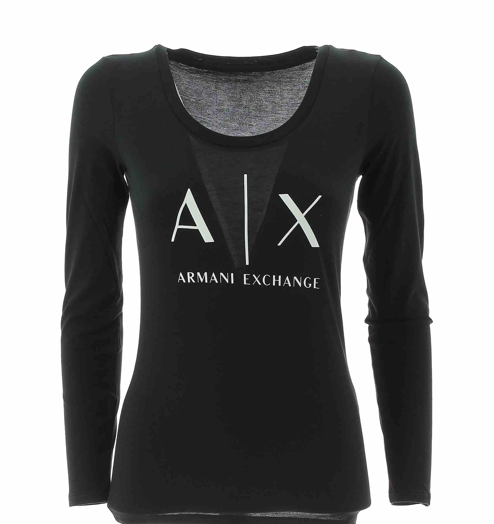 Armani Exchangewomens Basic Scoop Neck Long Sleeved Tee with Logo on Chest T-Shirt