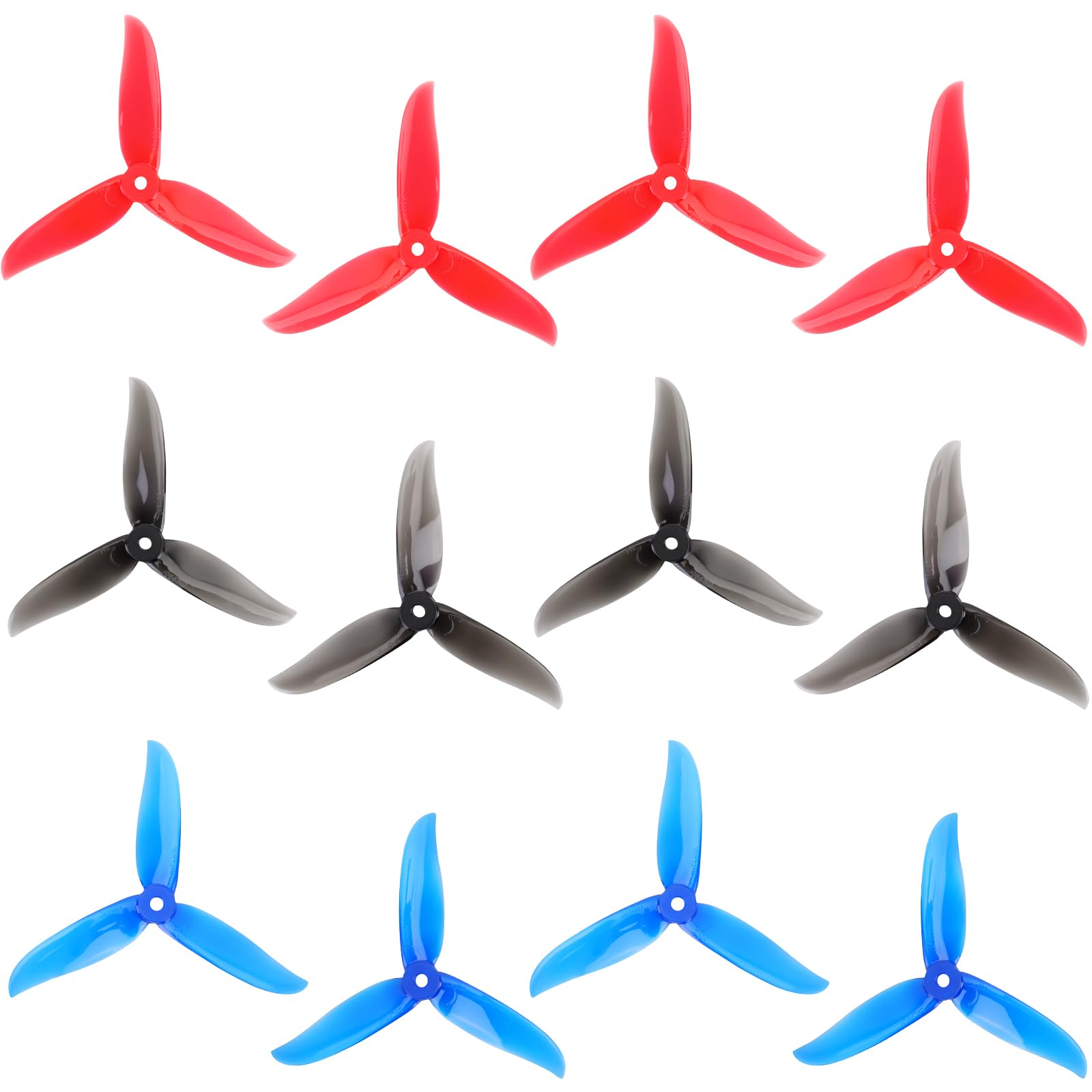 12pcs 5" Tri Blade Props 5045 3 Blade Props for Brushless Motors 2204 2205 2206-2306 FPV Racing Drone Quadcopter (Clear Red, Black, Transparent Blue)