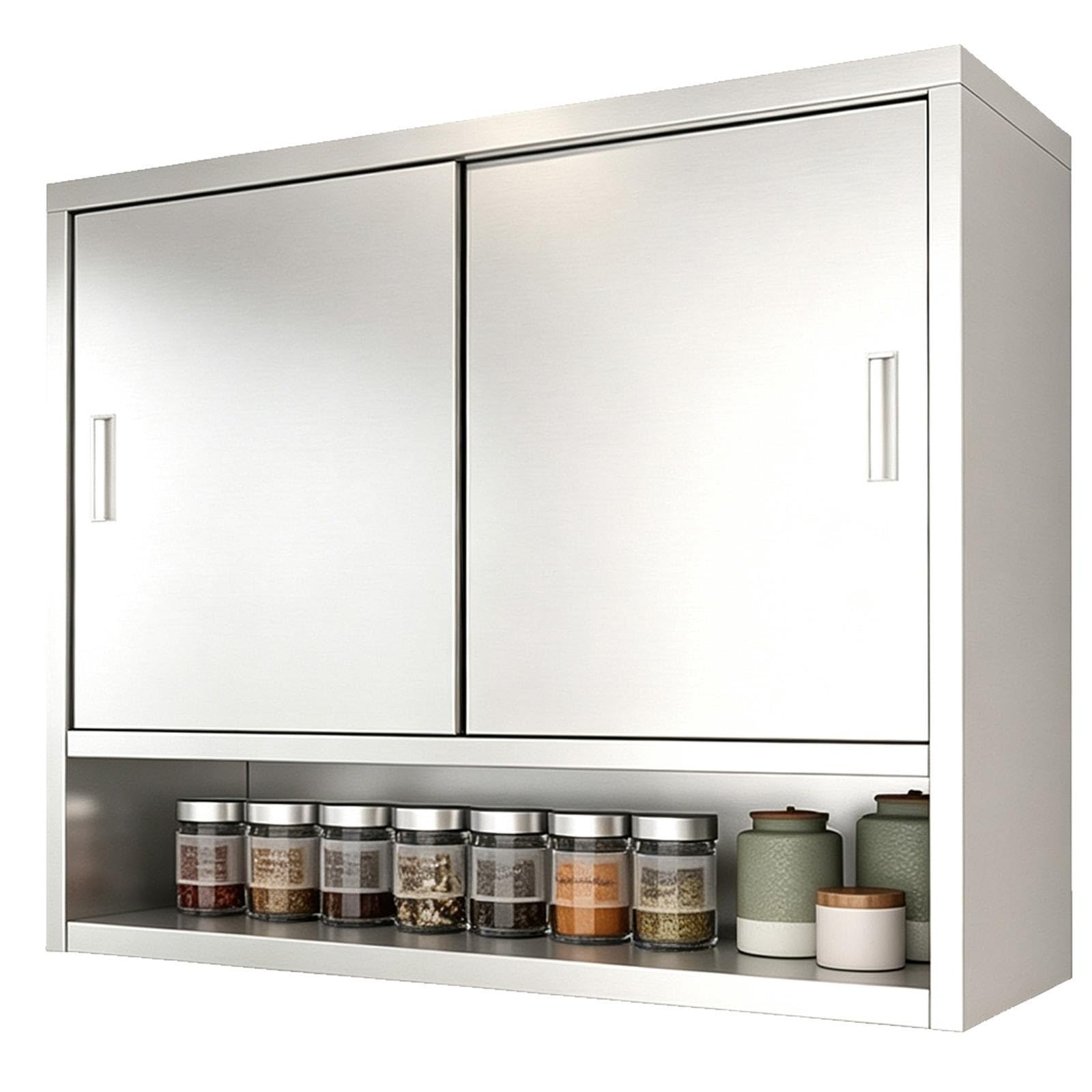 Pensile Cucina Acciaio Inox 304, Porte Scorrevoli Ripiano Regolabile