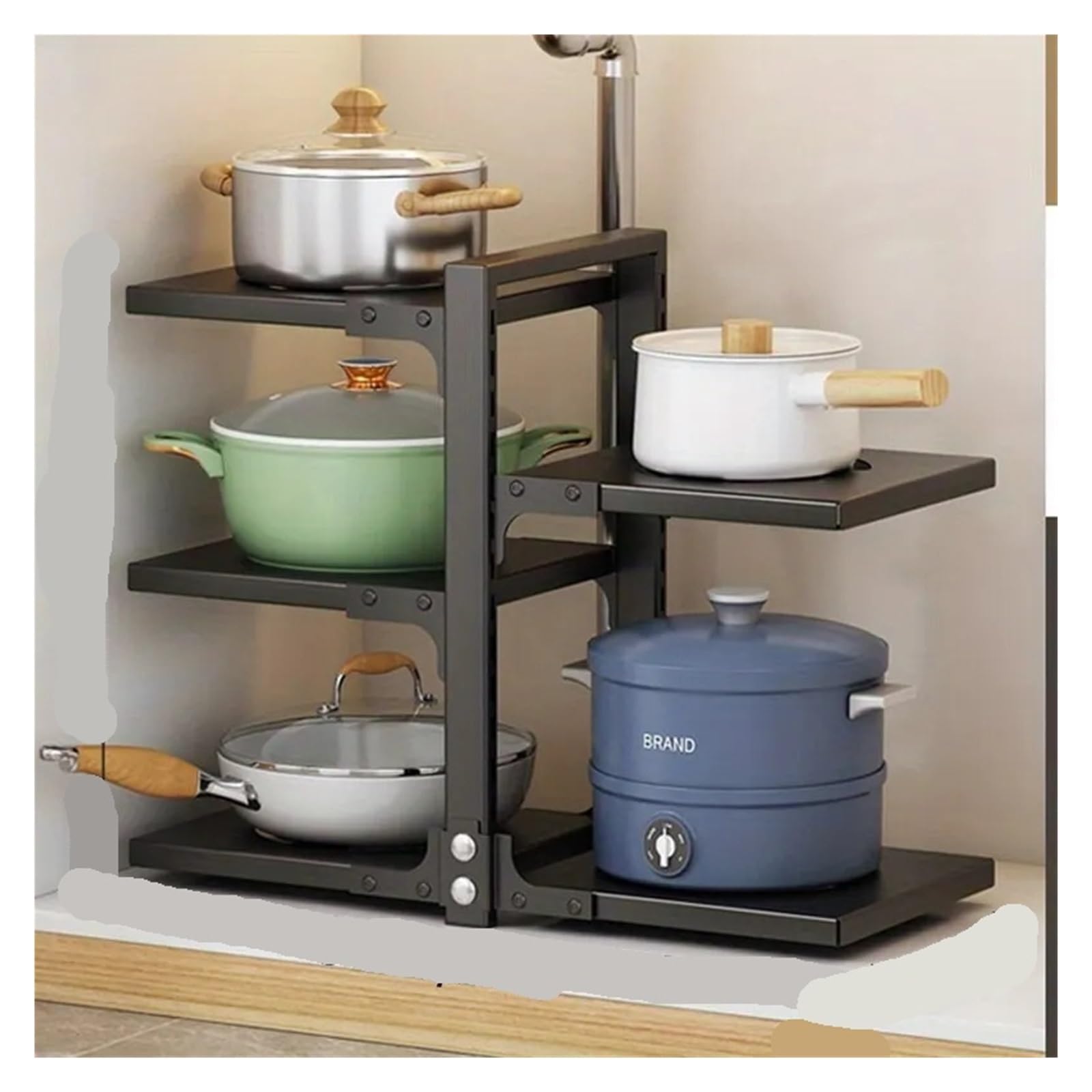 YXINAER Pots and Pans Organizer 5 Tier Pots Pans Organizer for Under Cabinet Adjustable Rustproof Storage for Big Stockpots Castiron Heavy Cookware(Black)
