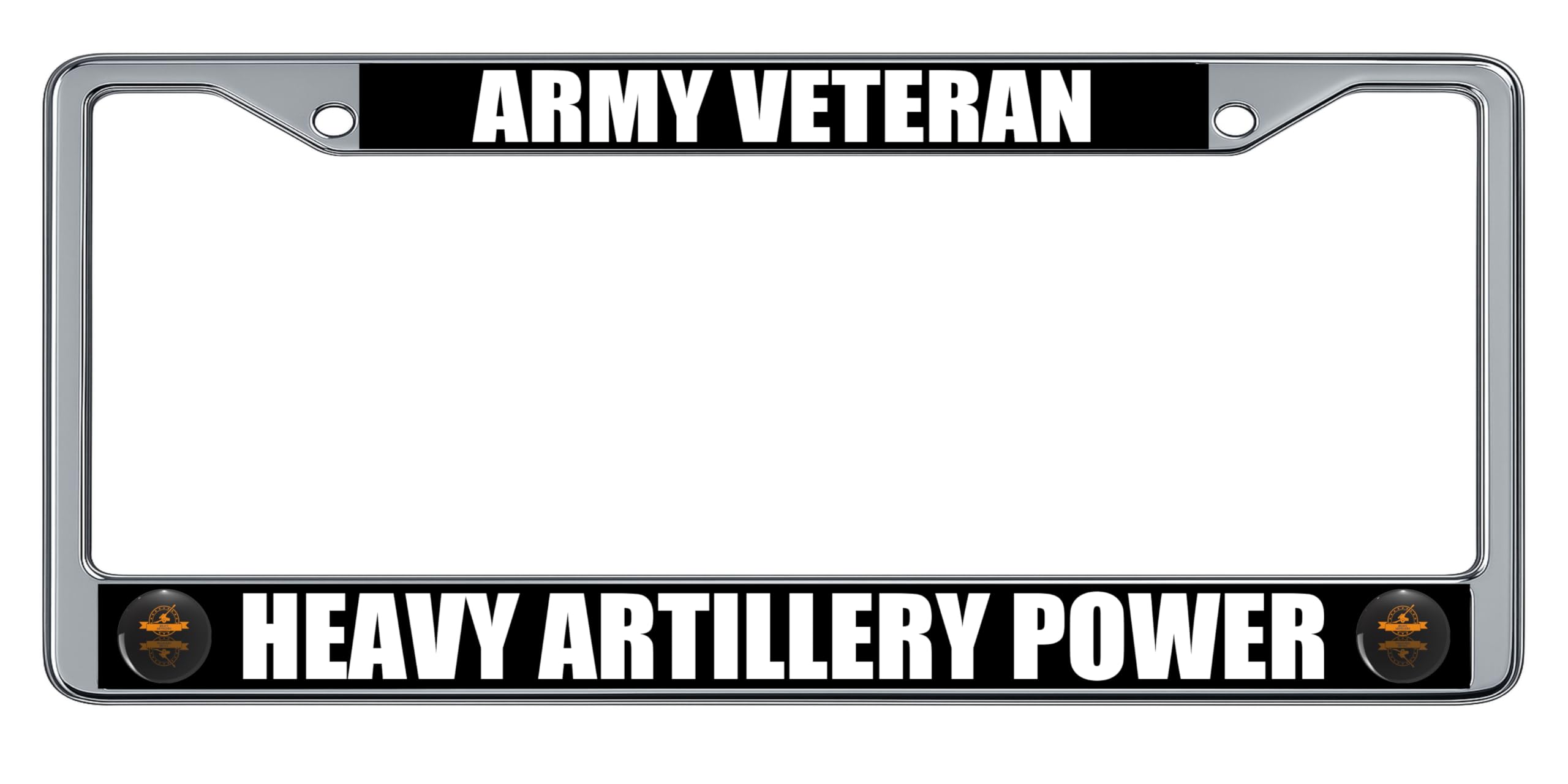 Heavy Artillery Military Logos Badges Army Tank Cannon Weapons Veteran License Plate Frame (2 Pack), Chrome Car Tag Holder