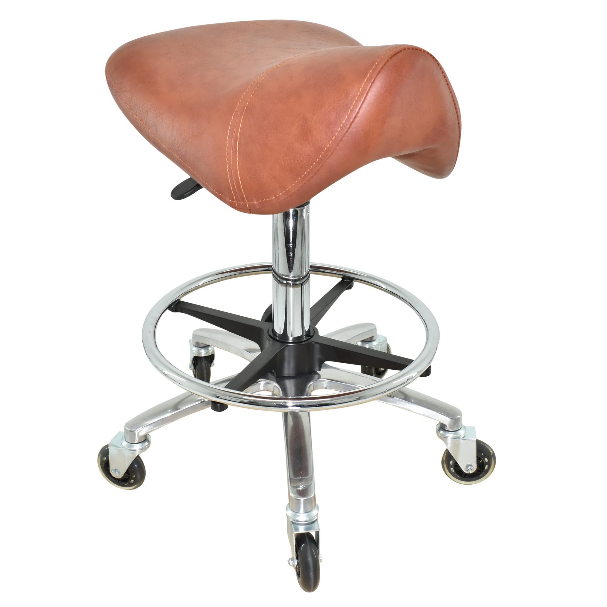 Premium Sattelhocker Hellbraun, Sattelstuhl für Rückenentlastung, Rollhocker höhenverstellbar von 55-75 cm mit Fußring, Drehhocker, Praxishocker, Bürohocker, Arbeitshocker