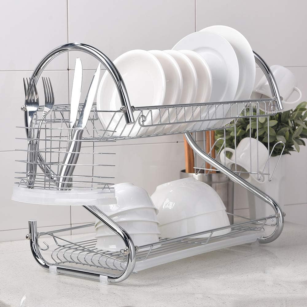 SEVETILKA Good Quality Stainless Steel 2-Tier Cutlery Kitchen Sink Side Antimicrobial Kitchen Draining Dish Drying Rack,Chrome and White