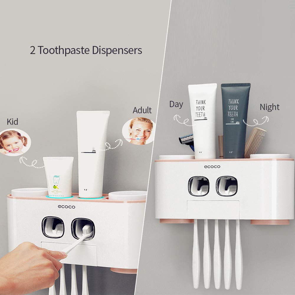 Stringi di dentifricio automatico set porta spazzolino montato a parete con 2 distributori 4 tazze e 5 slot articoli da toeletta rastrellatura rosa (Rosa)