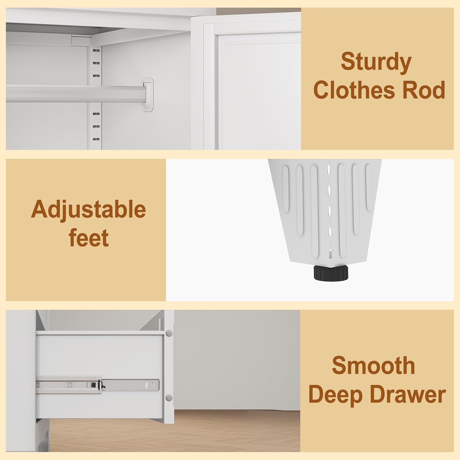 Metal Armoire Wardrobe Closet Storage Cabinet with 2 Doors White, 71'' Wardrobe with Hanging Rod Metal Closet with Adjustable Shelf and 2 Drawers, Freestanding Storage Cabinet for Bedroom