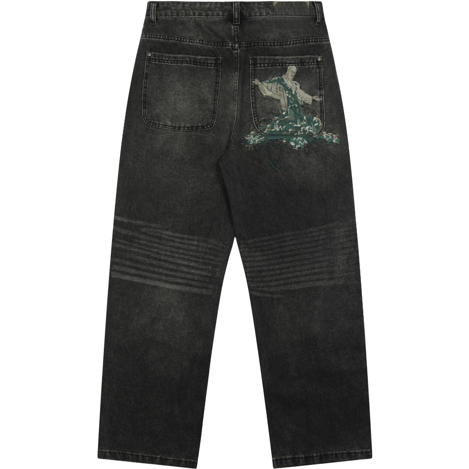 Générique Czarne dżinsy męskie, luźny krój, spranie vintage, spodnie dżinsowe z haftem na plecach, casualowe streetwear.