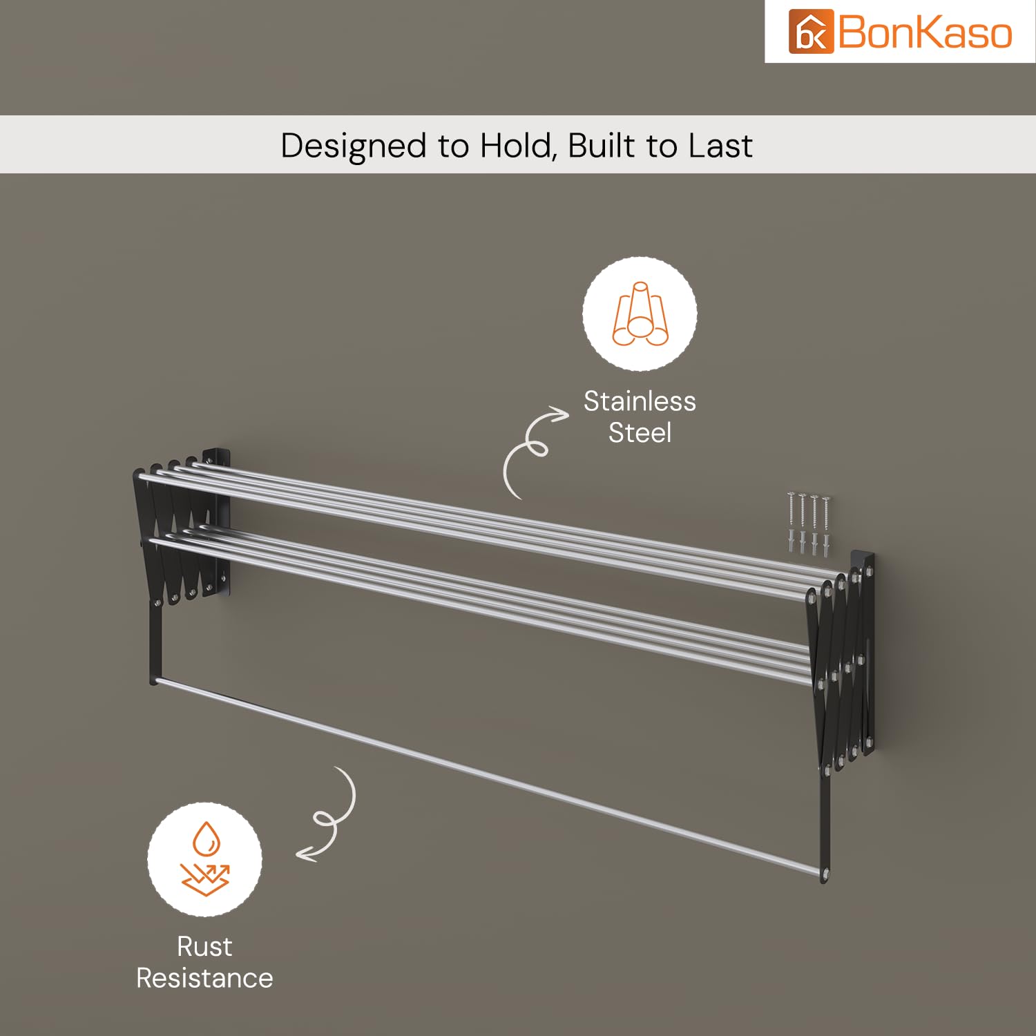 BonKaso 9 Rod Multi Foldable Clothes Drying Stand | Heavy Duty, Rust-Free, Stainless Steel, Wall Mounted Expandable Laundry Hanger (2 Feet) Rack for Balcony, Bathroom | (61D x 63W x 19H cm) 2