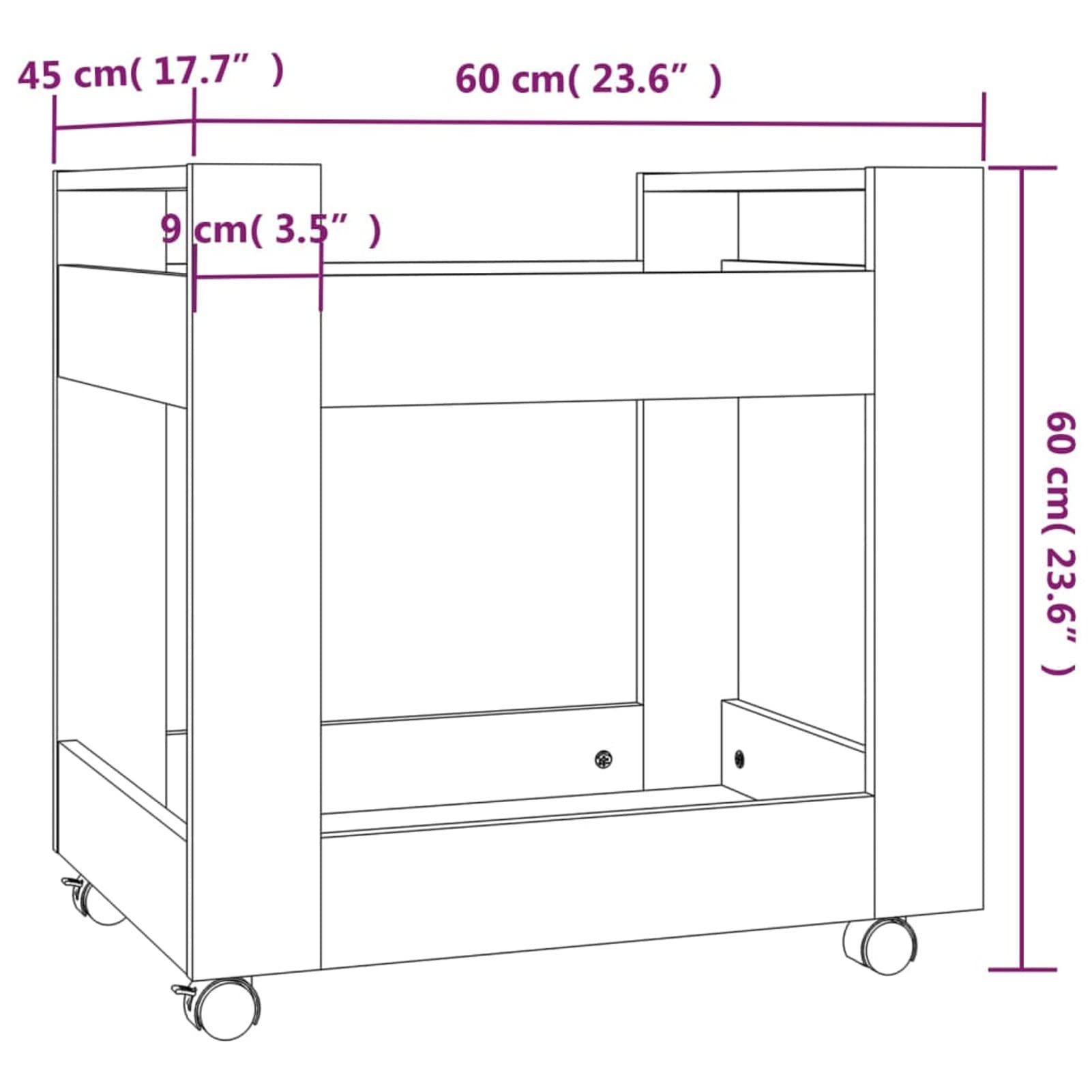 Homgoday Chariot d'appoint à roulettes, chariot manuel à 2 niveaux avec roulettes, chariot de bureau en contreplaqué, convient pour salle de bain, cuisine, buanderie, chêne fumé 60 x 45 x 60 cm