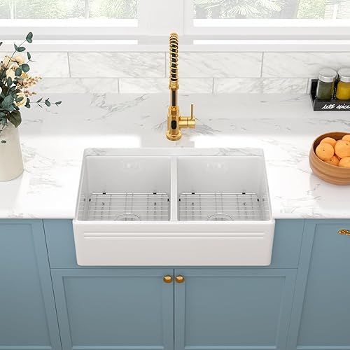 Miniatura 2 de Sarlai - Fregadero de cocina blanco de 33 pulgadas con cuenco doble, delantal frontal de cocina de 33 pulgadas, cuenco doble 5050 de porcelana