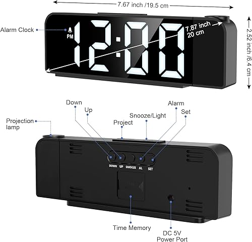 Miniatura 6 de GuDoQi Reloj despertador de proyección, reloj LED para dormitorio, reloj de proyección digital en pared del techo con gran número, temperatura,