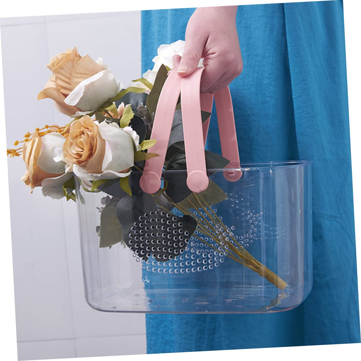 Beavorty Cesta de Ducha Portátil Transparente de Plástico Rosa con Asa | Gran Capacidad, Base Estable sobre Superficie Plana, para Baño y Salón