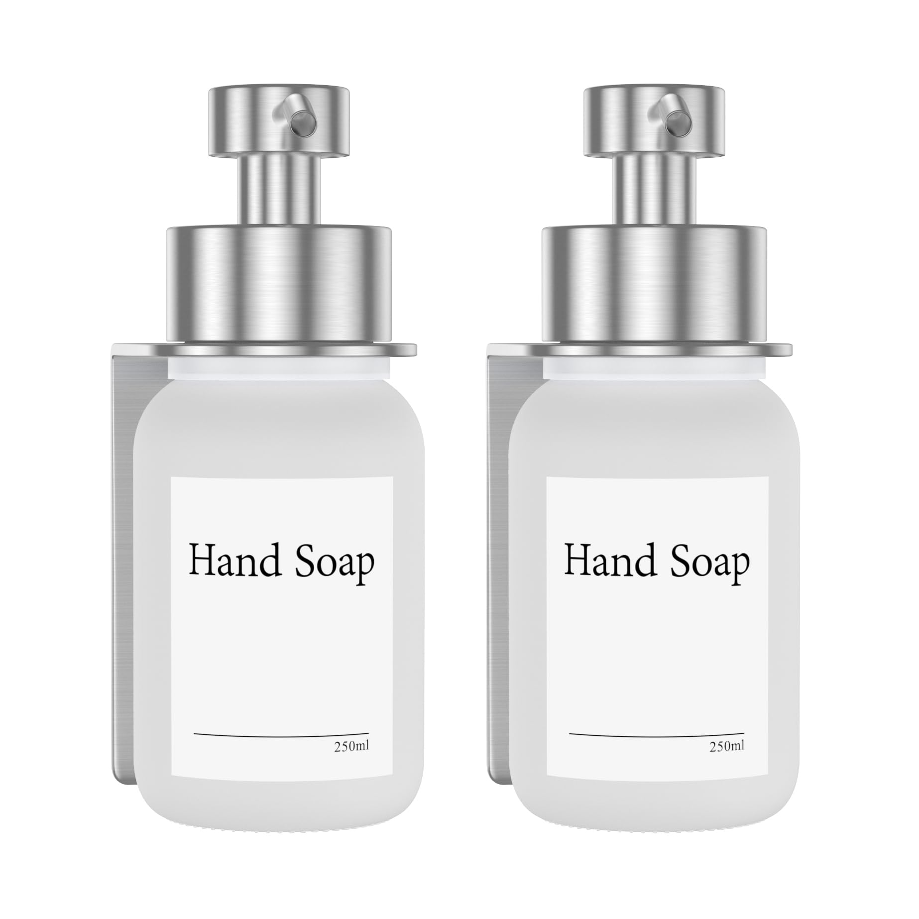 2 Pack Glasseifenspender mit Wandhalterung, selbstklebend, Edelstahl Pumpspender für Flüssigseife, ohne Bohren, 250 ml (Frost/Silber)