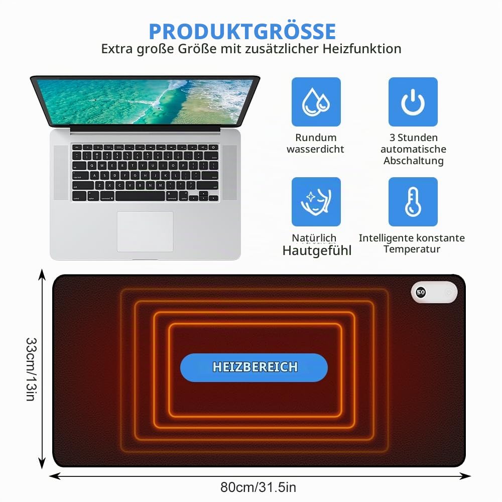LUFEIS Beheizte Schreibtischunterlage, 80x33cm Beheiztes Mauspad, Mauspad mit Funktion Heizung mit 3 Heizstufen & 3 Stunden Automatischer Abschaltung, Beheizbares Mauspad für PC/Laptop (Schwarz)