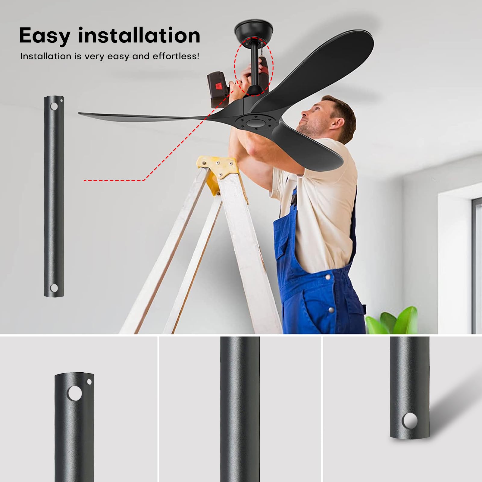 Verdanzia 2-Pack Ceiling Fan Downrods - 12 Inch Black Extension Rods, 1" Diameter, Non-Threaded