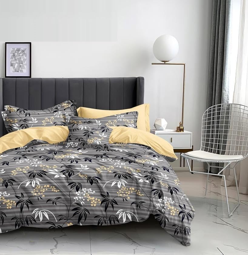 Gray Bedsheet with Leaf Printed Soft Cotton Fabric Double Bedsheet with 2 Pillow Cover for Bedroom (220x235 cm)