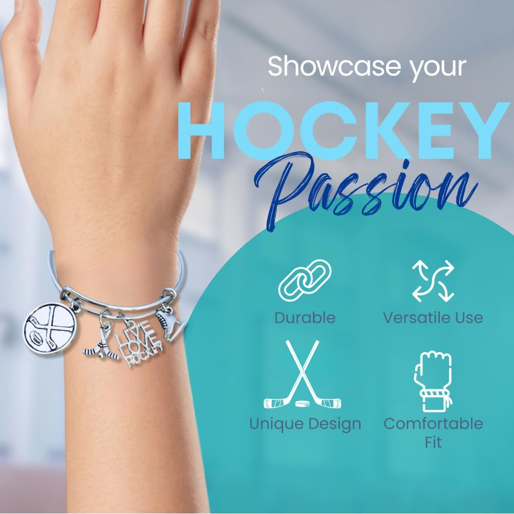 Sportybella Hockey Bracelet, Hockey Jewelry- Ice Hockey Puck and Stick Bangle Bracelet- Gift for Hockey Players