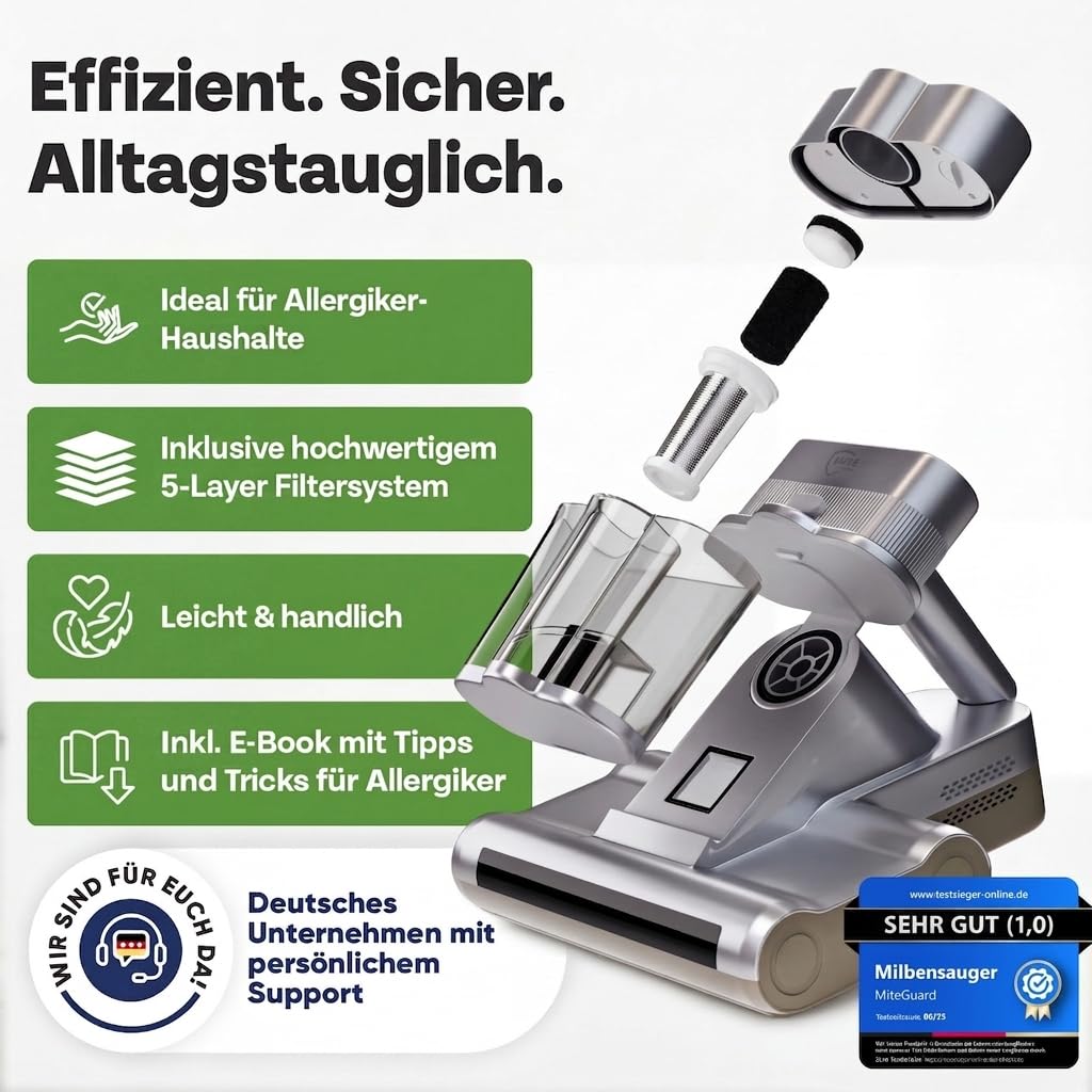 Miteguard Aspiratore per materassi e imbottiture con 2 spazzole speciali – Luce UV, dispositivo ad ultrasuoni & aria calda a 60 °C, detergente per materassi, tettarella contro acari della polvere