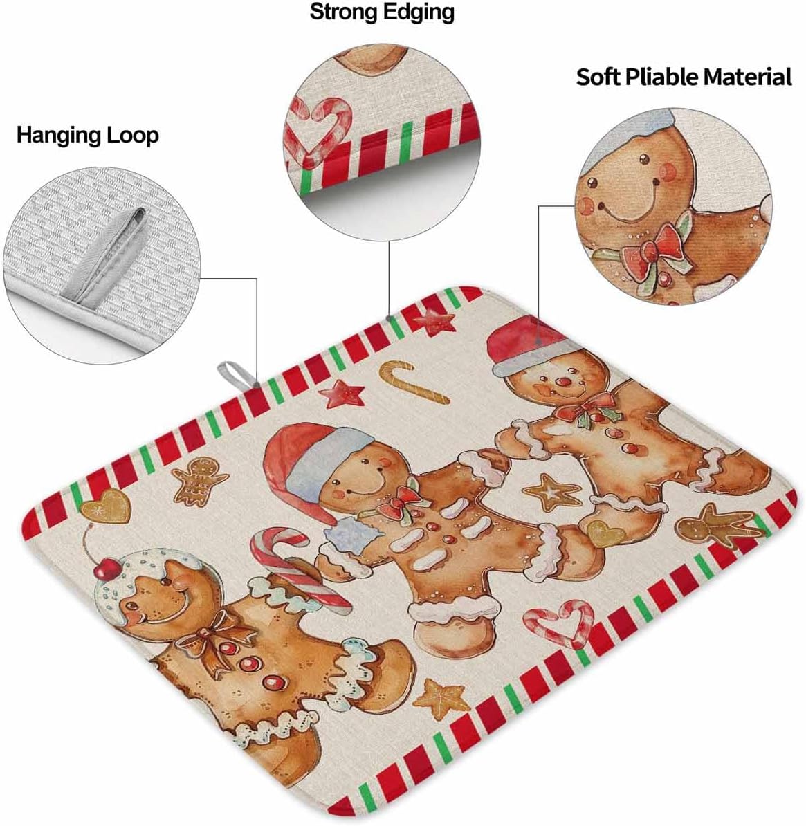 Turmeric Christmas Gingerbread Man Dish Drying Mats for Kitchen Counter Set of 2, Red Vintage Santa Hat Absorbent Dish Drainer/Rack Mat,Hangding Quick Drying kitchen Mat,18x24inch Beige