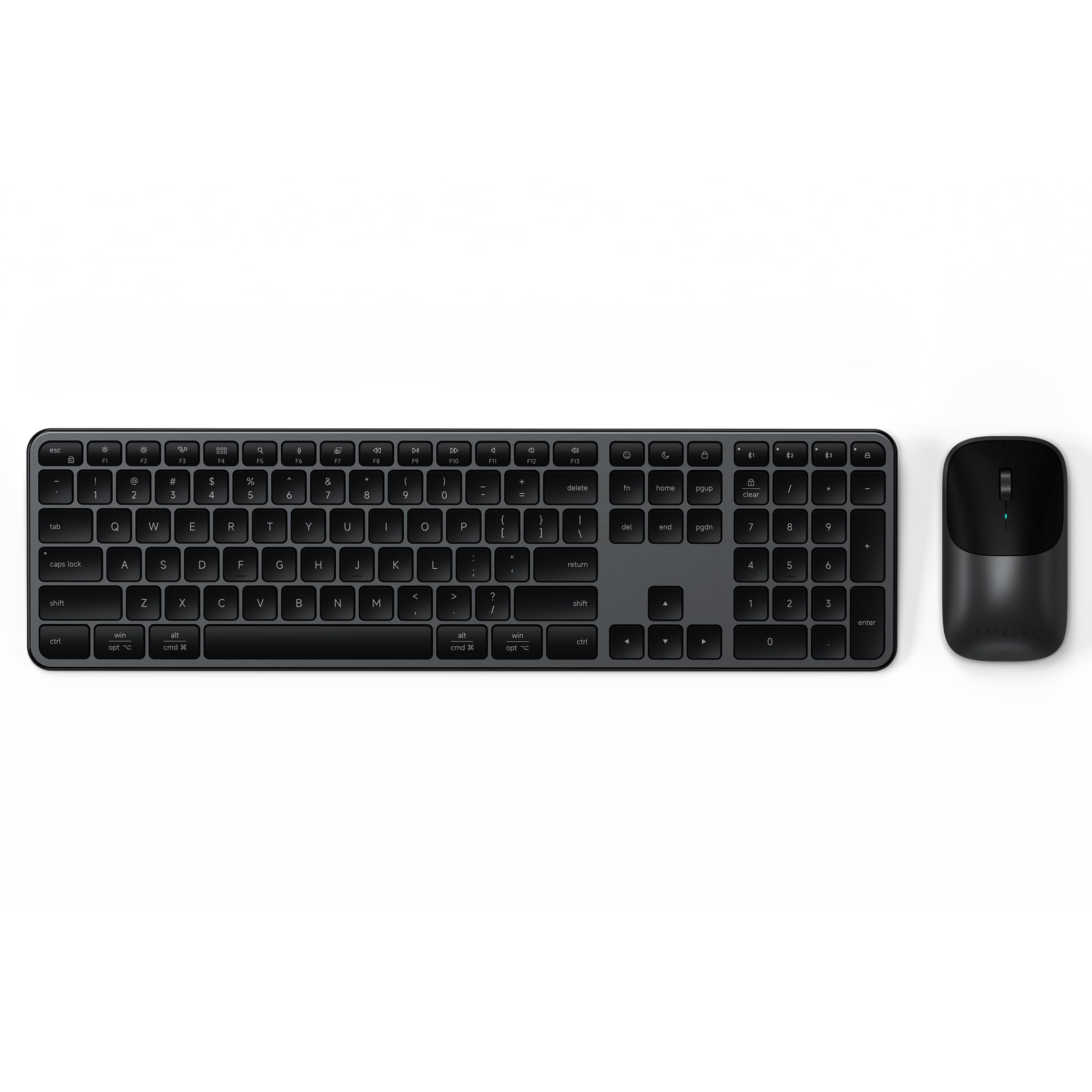 SATECHI klawiatura i mysz CEX3, amerykański układ QWERTY, gwiezdna czerń | Bluetooth, obsługa wielu urządzeń i odbiornik USB-C, pełnowymiarowa klawiatura; zgodność z MacBookiem i komputerami z Windows