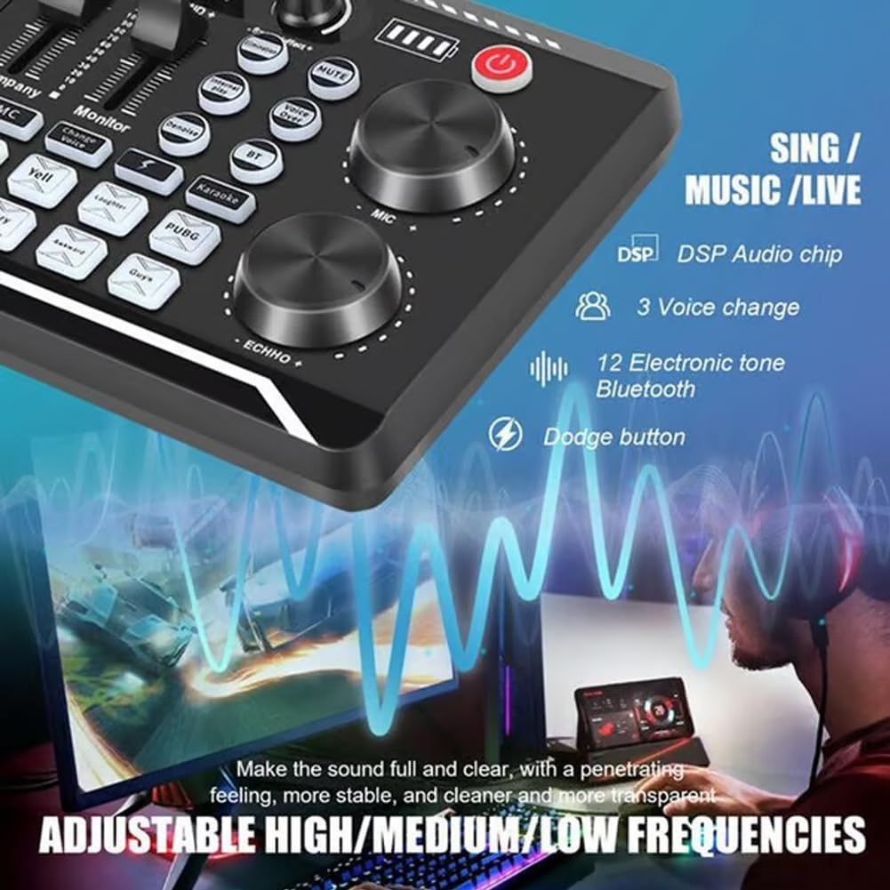 Scheda Audio Live con Effetti di Mixer e Cambiatore di Voce, F998 Mixer Audio, Scheda Audio Professionale con Luce LED, Molteplici Effetti Sonori e Cambiatore di Voce per Streaming,Black