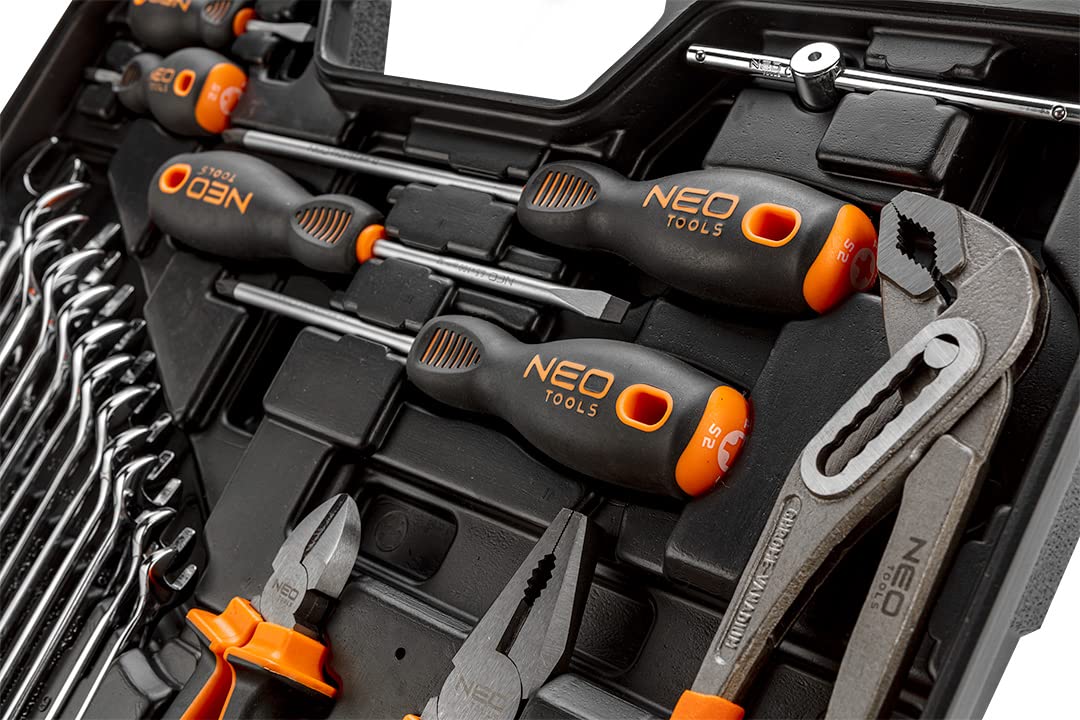 NEO TOOLS Zestaw narzędzi 143 sztuk, stal CRV, stal narzędziowa, do prac mechanicznych, elektrycznych, sanitarnych i domowych, stabilna walizka z metalowymi klamrami