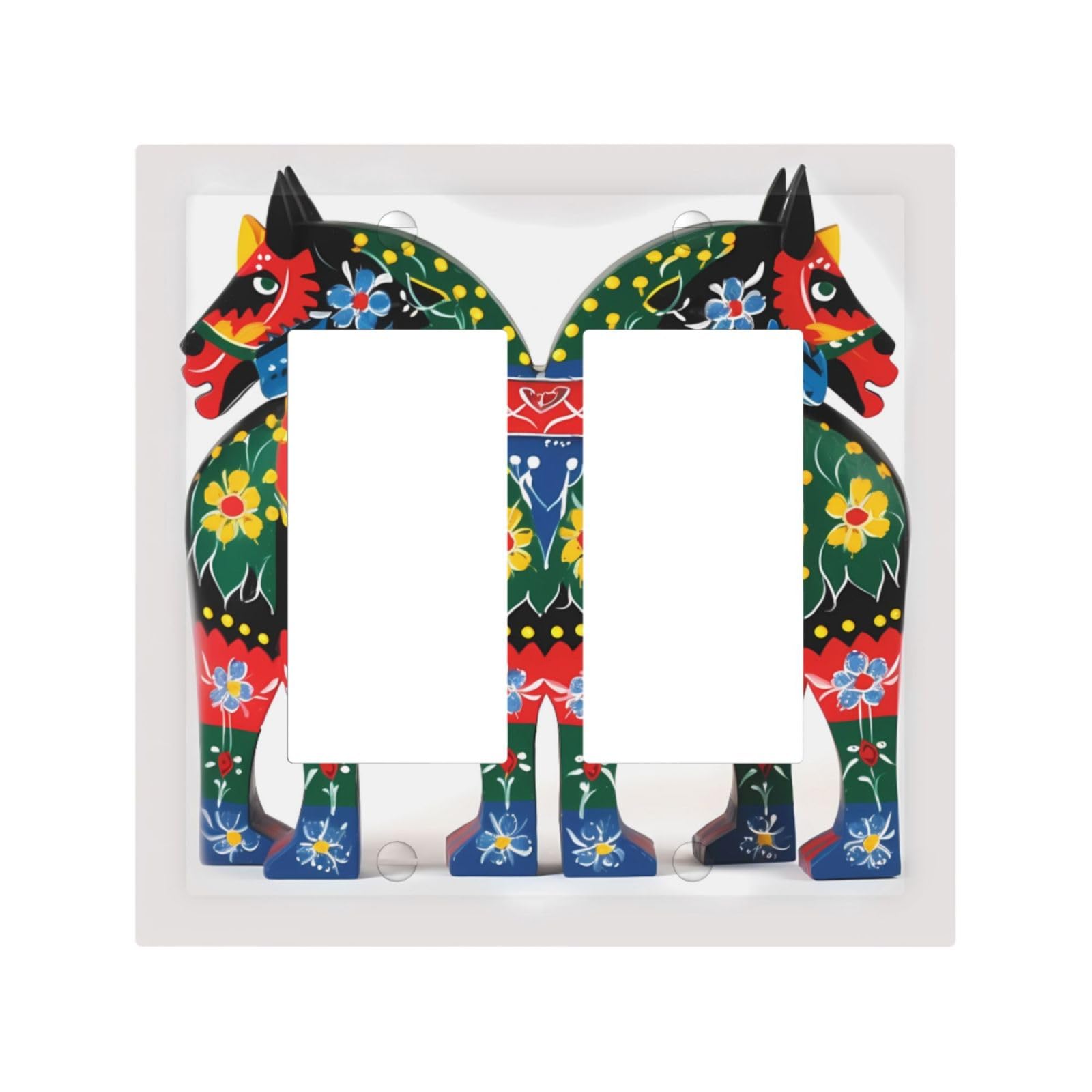 Kloph Style H Decorator Double Toggle Light Switch Covers Runner Swedish Dala Horse Folk Wall Plate 2-Gang Mid Size 5" X 4.9" Double Toggle Switch Wallplate Decorative 2 Gang Wall Switch Plate Covers