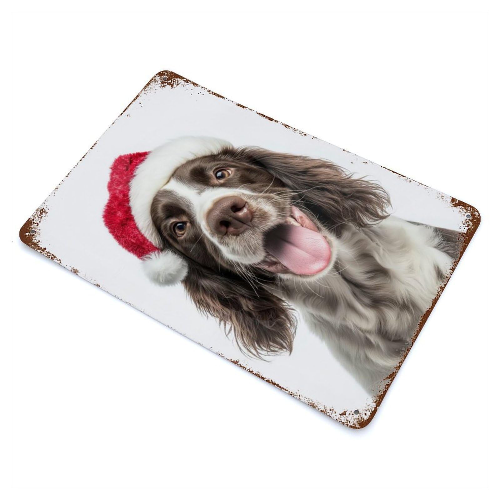 Weathered Tin Sign with English Springer Spaniel Dog with Santa Hat Portrait Design 11.8"x7.9", for Garage, Bar And Workshop Decor, Decorative Metal Wall Art