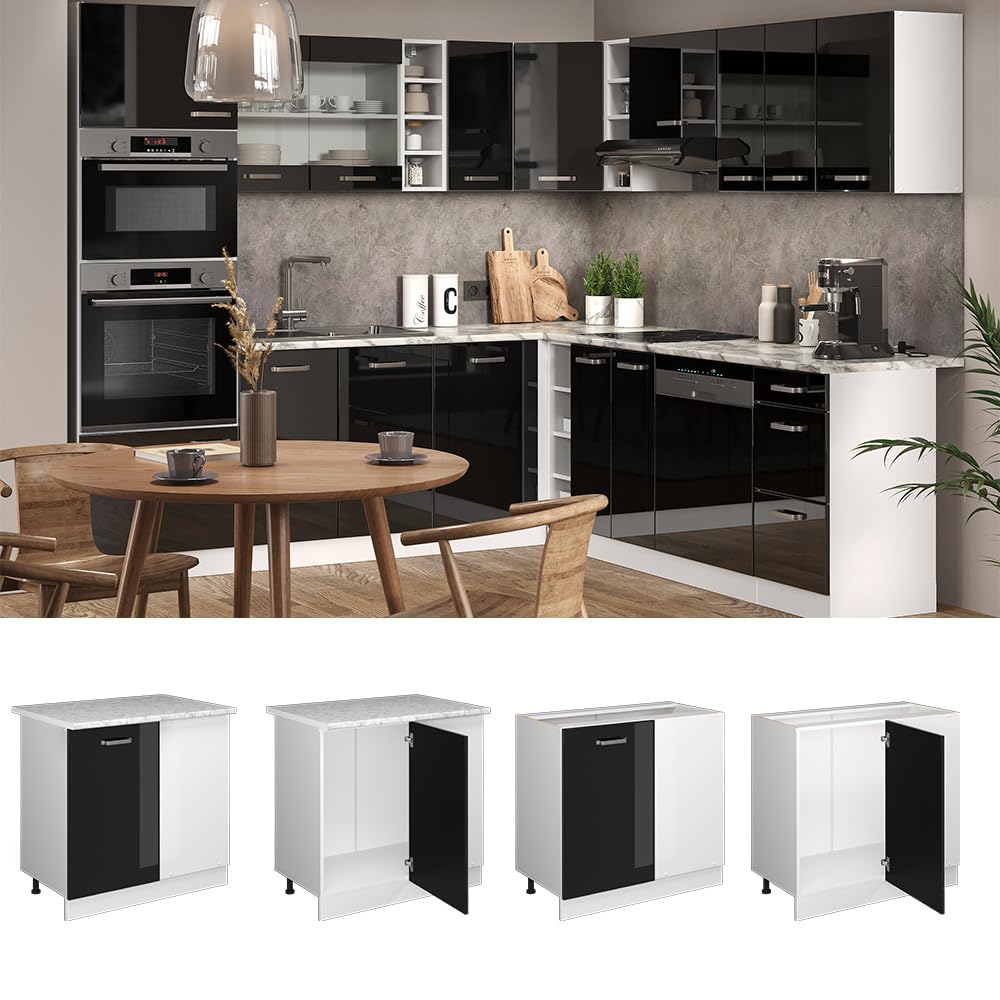 Vicco Mobile ad angolo cucina R-Line, Nero lucido, 86 cm