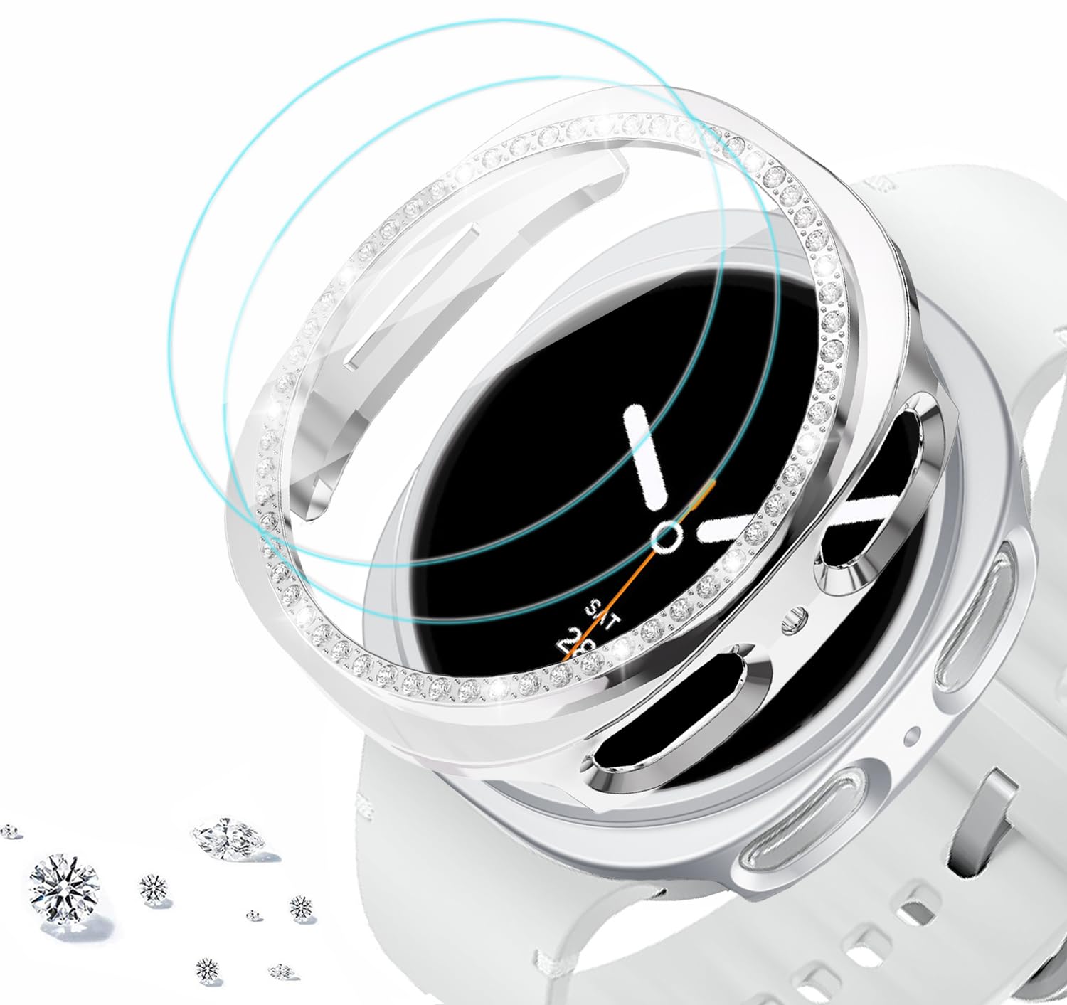 Coque Galaxy Watch 6 44mm strass DEALELE : protection élégante argentée